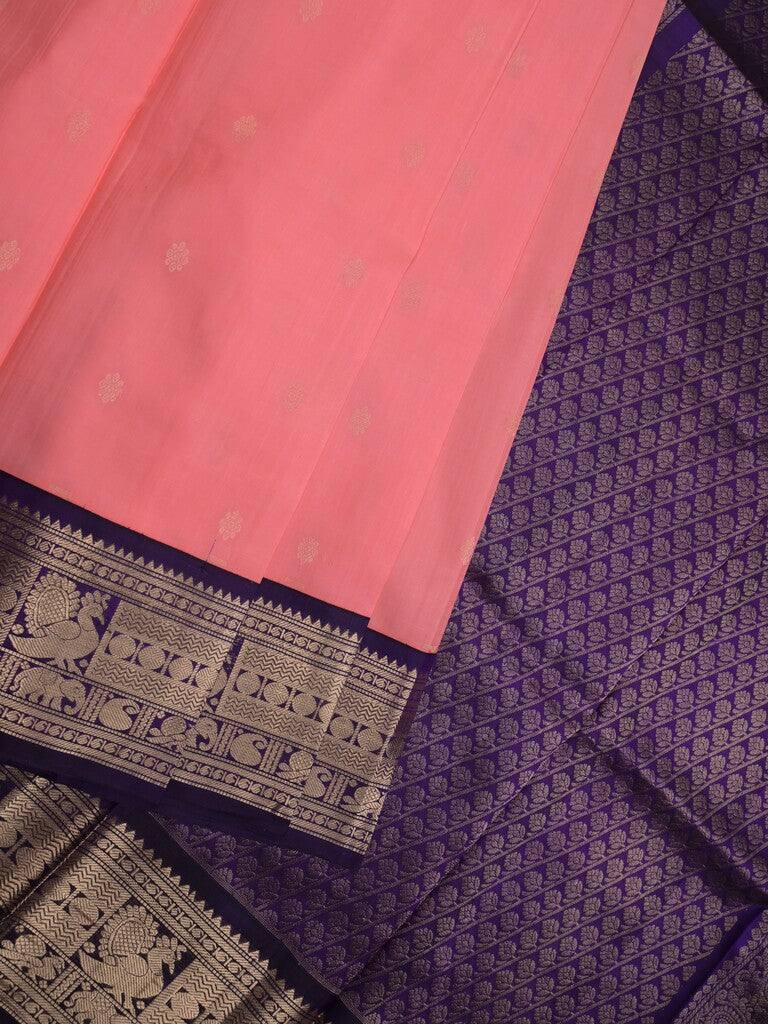 Pethambari pattu saree baby pink color allover zari motifs & kanchi border with rich pallu and attached plain blouse