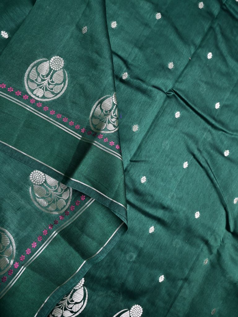 Raw mango silk fancy saree dark green color allover zari motifs & zari border with short pallu and contrast plain blouse