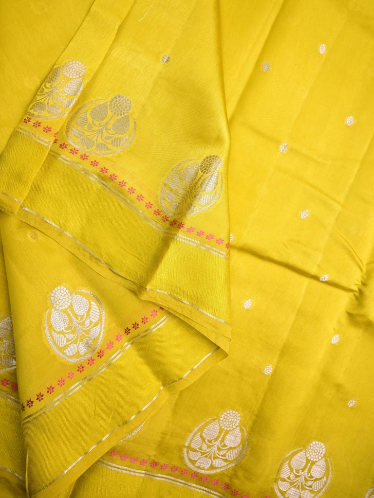 Raw mango silk fancy saree yellow color allover zari motifs & small kaddi border with short pallu and contrast plain blouse