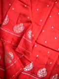 Raw mango silk fancy saree red color allover zari motifs & small kaddi border with short pallu and contrast plain blouse