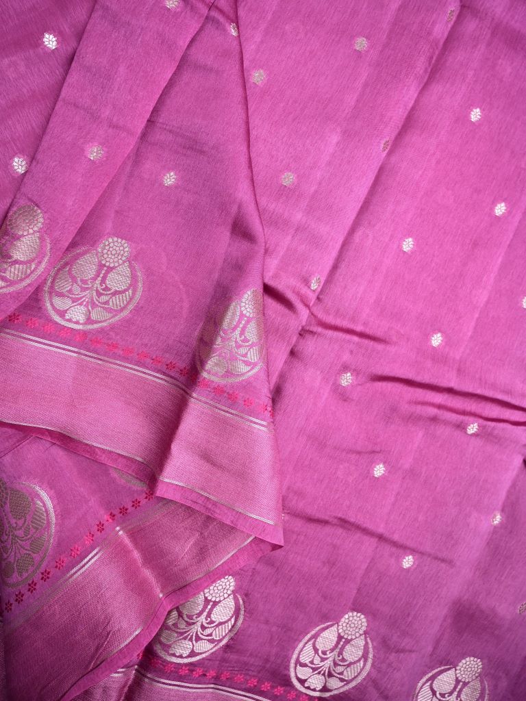 Raw mango silk fancy saree light purple color allover zari motifs & small kaddi border with short pallu and contrast plain blouse