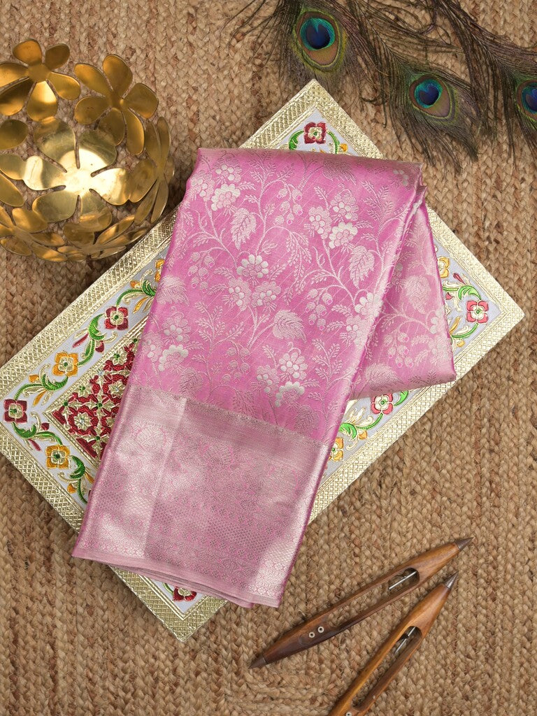 Kanchi tissue pattu bridal saree light pink color allover zari weaves & kanchi border with rich pallu and attached plain blouse