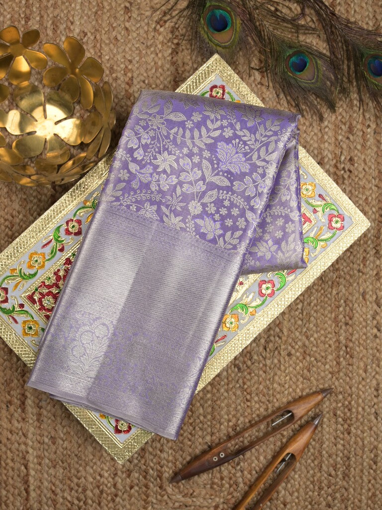 Kanchi tissue pattu bridal saree lavender color allover zari weaves & kanchi border with rich pallu and attached plain blouse