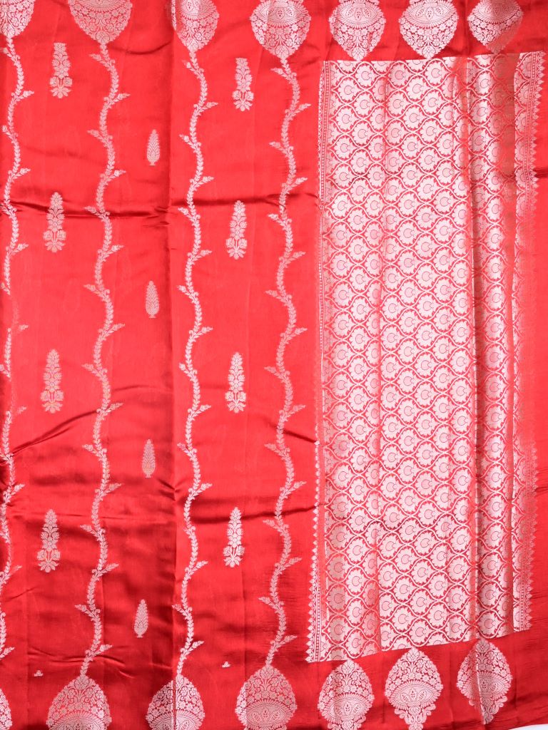 Raw mango silk fancy saree red color allover zari weaves & small kaddi border with short pallu and contrast plain blouse