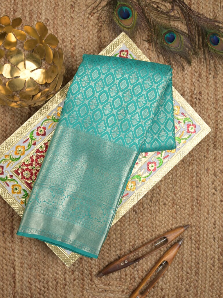 Kanchi pattu saree sky blue color allover zari weaves & kanchi border with rich pallu and attached plain blouse