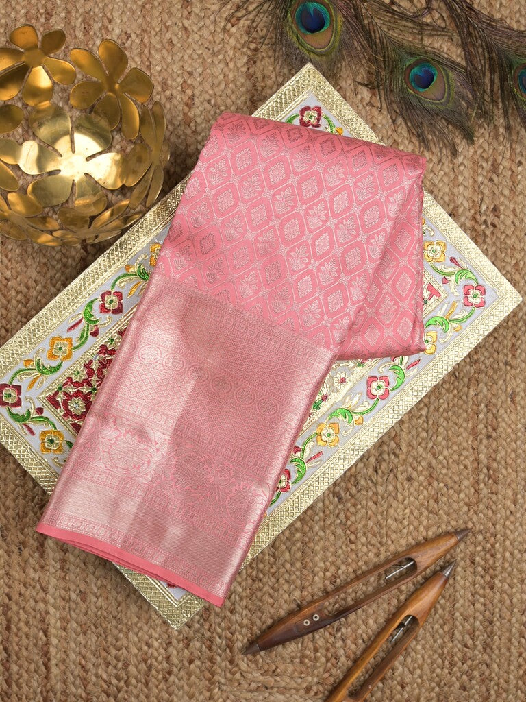 Kanchi pattu saree baby pink color allover zari weaves & kanchi border with rich pallu and attached plain blouse