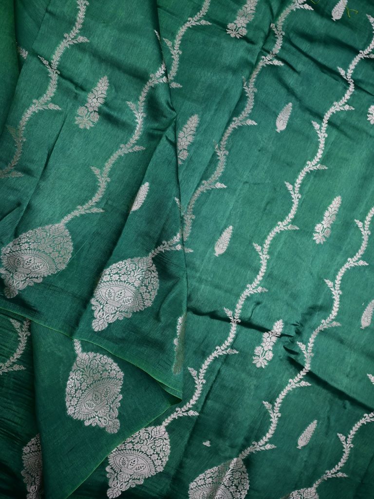 Raw mango silk fancy saree bottle green color allover zari weaves & small kaddi border with short pallu and contrast plain blouse