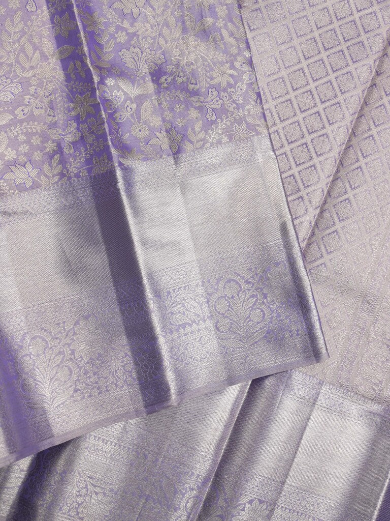 Kanchi tissue pattu bridal saree lavender color allover zari weaves & kanchi border with rich pallu and attached plain blouse