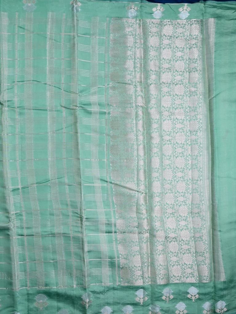 Raw mango silk fancy saree sea blue color allover zari checks & small kaddi border with short pallu and contrast plain blouse