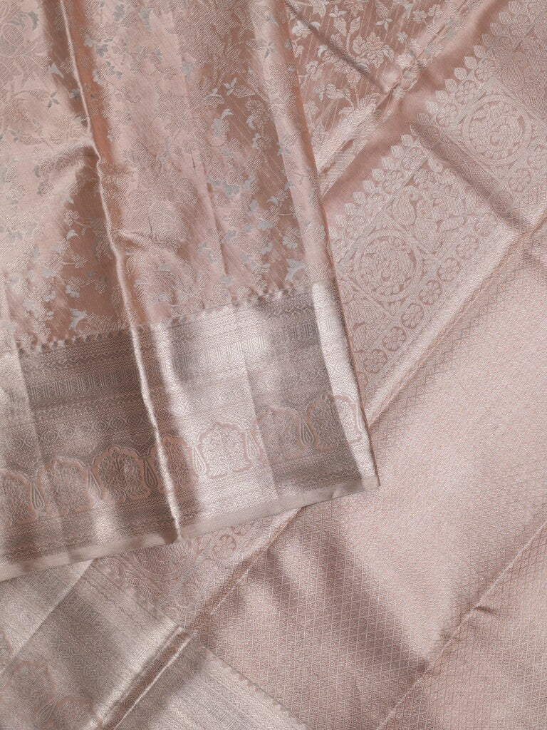 Kanchi tissue pattu bridal saree light peach color allover zari weaves & kanchi border with rich pallu and attached plain blouse