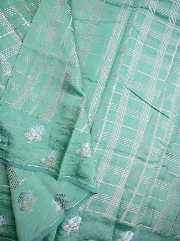 Raw mango silk fancy saree sea blue color allover zari checks & small kaddi border with short pallu and contrast plain blouse