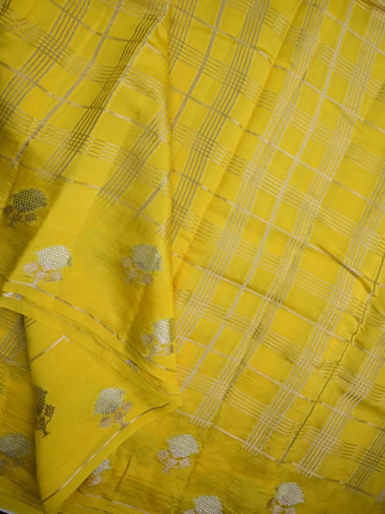 Raw mango silk fancy saree lemon yellow color allover zari checks & small kaddi border with short pallu and contrast plain blouse