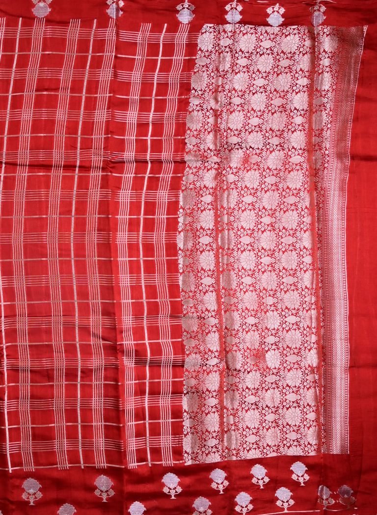 Raw mango silk fancy saree red color allover zari checks & small kaddi border with short pallu and contrast plain blouse