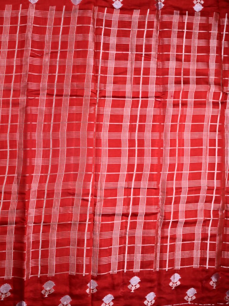 Raw mango silk fancy saree red color allover zari checks & small kaddi border with short pallu and contrast plain blouse