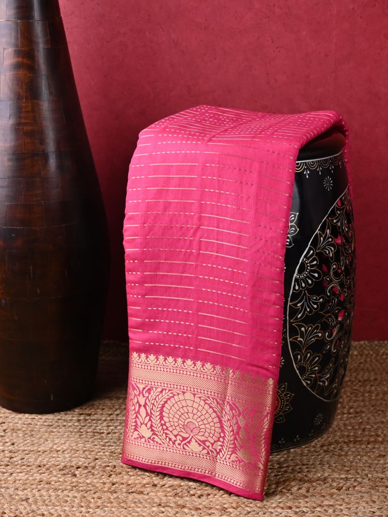 Dupion fancy saree pink color allover zari stripes & zari weaving border with rich pallu and brocade blouse