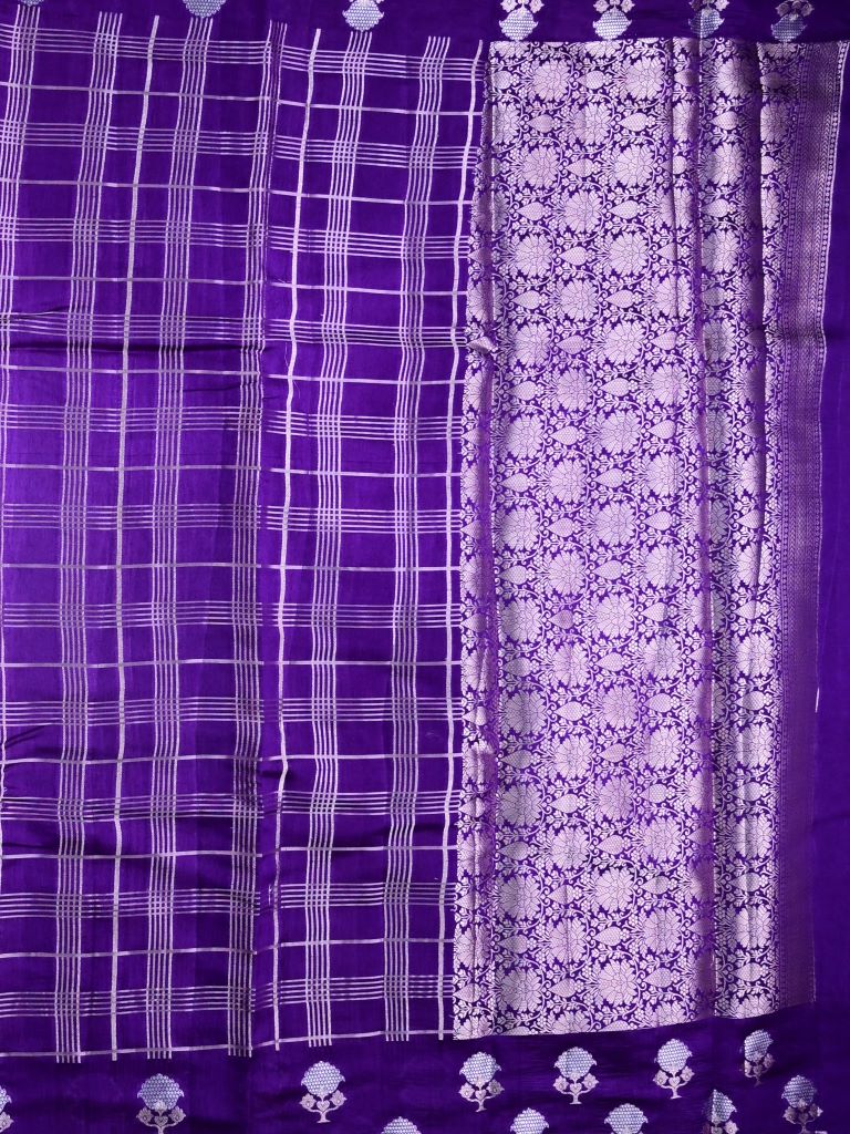 Raw mango silk fancy saree violet color allover zari checks & small kaddi border with short pallu and contrast plain blouse