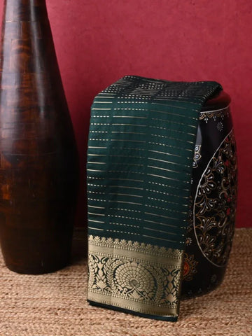Dupion fancy saree dark green color allover zari stripes & zari weaving border with rich pallu and brocade blouse