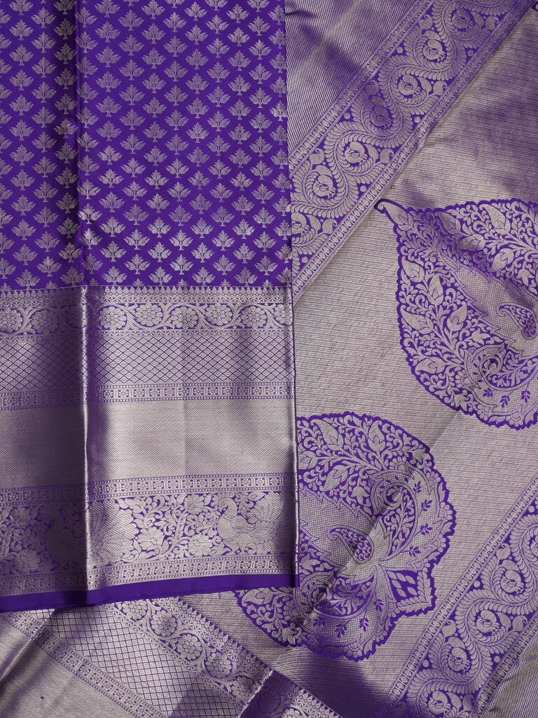 Kanchi pattu saree violet color allover zari weaves & kanchi border with rich pallu and attached plain blouse