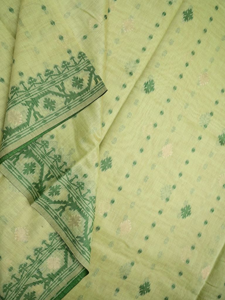 Khadi cotton saree light green color allover motifs & weaving border with contrast pallu and attached blouse