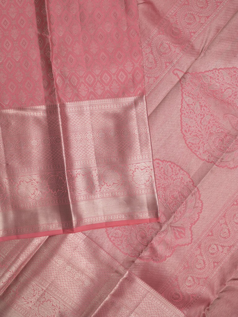 Kanchi pattu saree baby pink color allover zari weaves & kanchi border with rich pallu and attached plain blouse