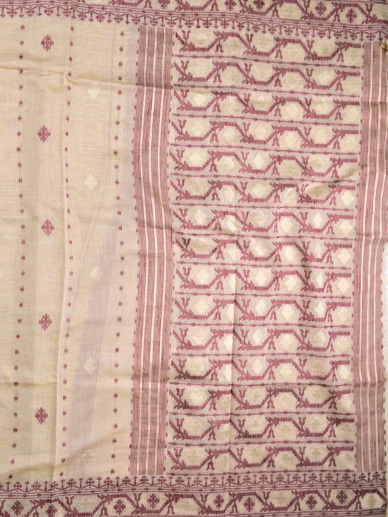 Khadi cotton saree light peach color allover motifs & weaving border with contrast pallu and attached blouse