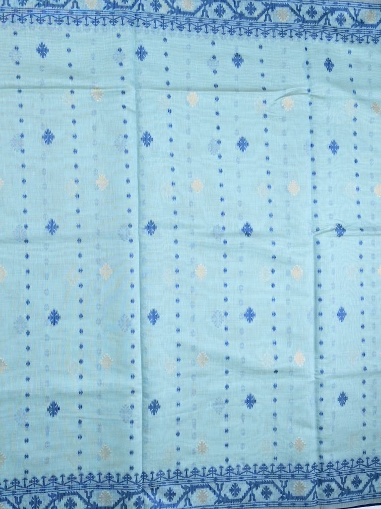 Khadi cotton saree light blue color allover motifs & weaving border with contrast pallu and attached blouse