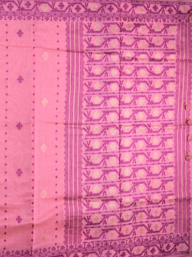 Khadi cotton saree baby pink color allover motifs & weaving border with contrast pallu and attached blouse