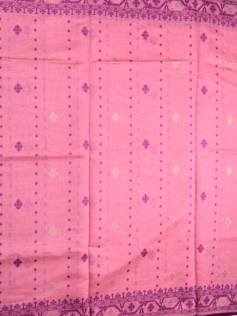 Khadi cotton saree baby pink color allover motifs & weaving border with contrast pallu and attached blouse