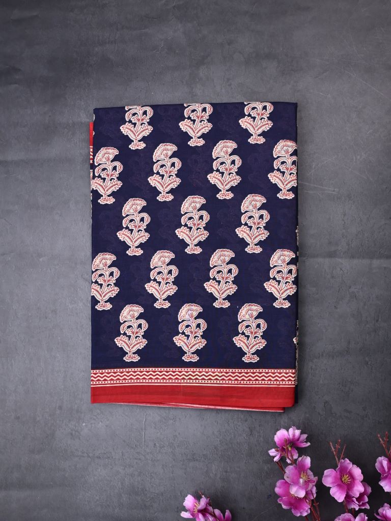 Cotton printed saree navy blue color allover prints & small border with printed pallu and plain blouse