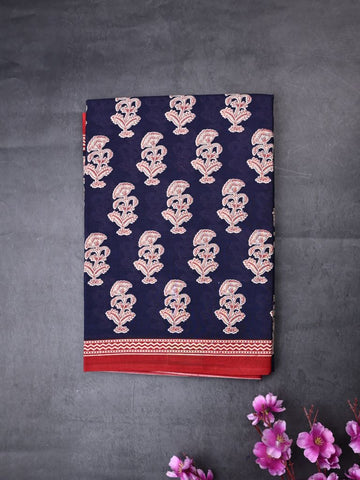 Cotton printed saree navy blue color allover prints & small border with printed pallu and plain blouse