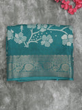 Dola silk fancy saree peacock blue color allover digital prints & zari border with printed pallu and printed blouse