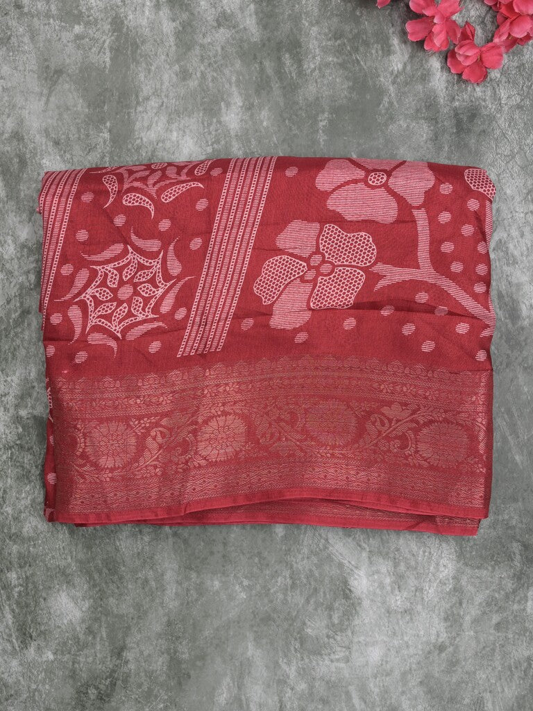 Dola silk fancy saree red color allover digital prints & zari border with printed pallu and printed blouse