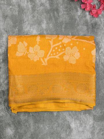 Dola silk fancy saree yellow color allover digital prints & zari border with printed pallu and printed blouse