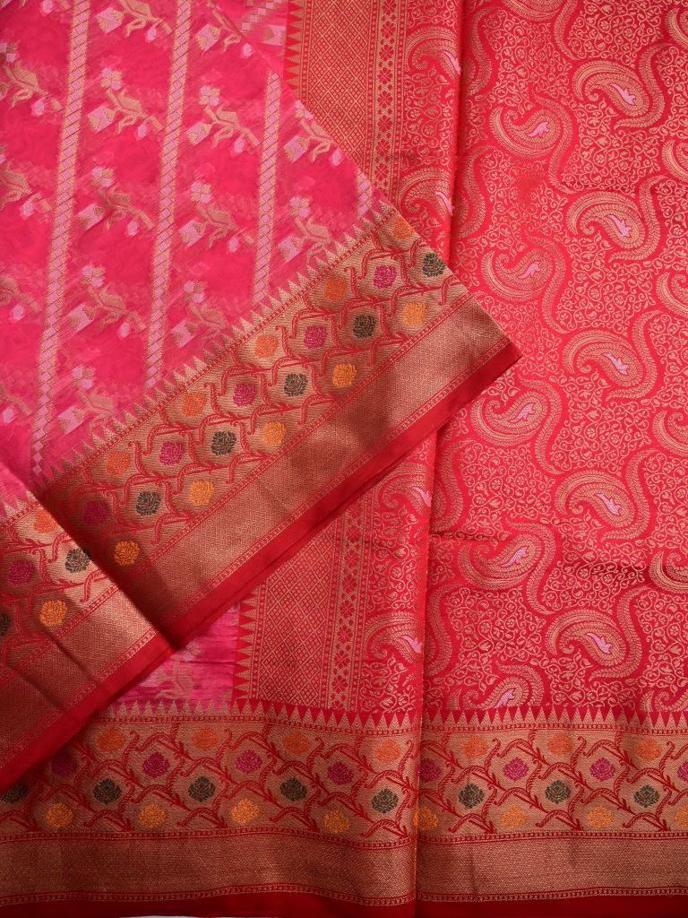 Chiniya silk fancy saree rose pink color allover zari weaves & zari border with rich pallu and contrast attached blouse