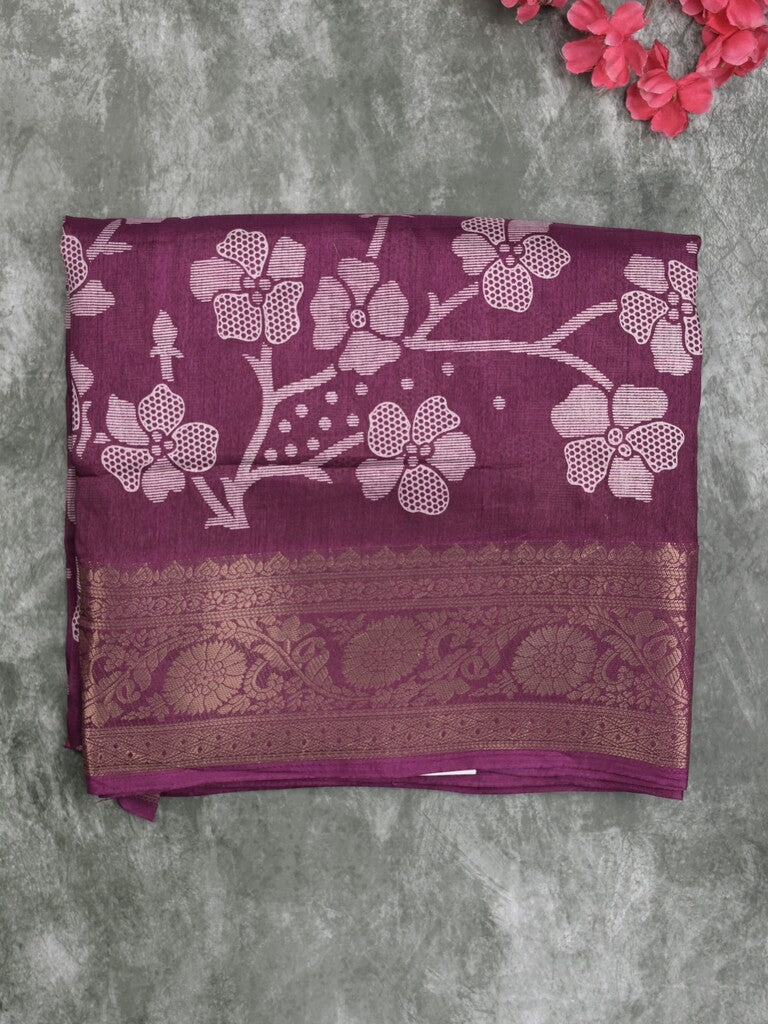 Dola silk fancy saree wine color allover digital prints & zari border with printed pallu and printed blouse