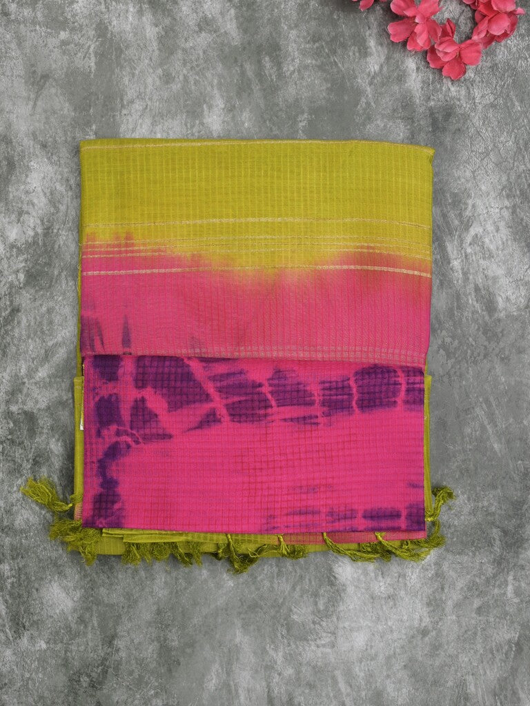 Bhagalpur fancy saree pink color allover shibori prints & small kaddi border with contrast pallu and attached plain blouse