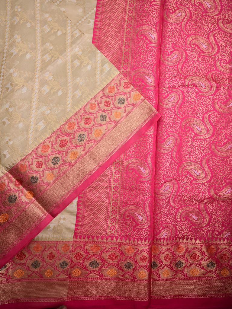 Chiniya silk fancy saree cream color allover zari weaves & zari border with rich pallu and contrast attached blouse