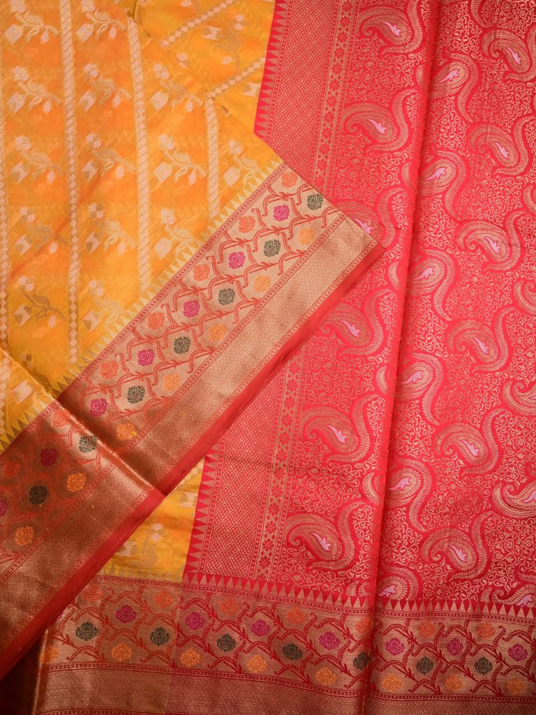 Chiniya silk fancy saree golden yellow color allover zari weaves & zari border with rich pallu and contrast attached blouse