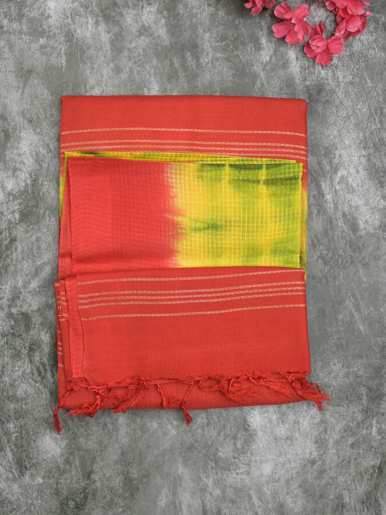 Bhagalpur fancy saree lemon yellow color allover shibori prints & small kaddi border with contrast pallu and attached plain blouse