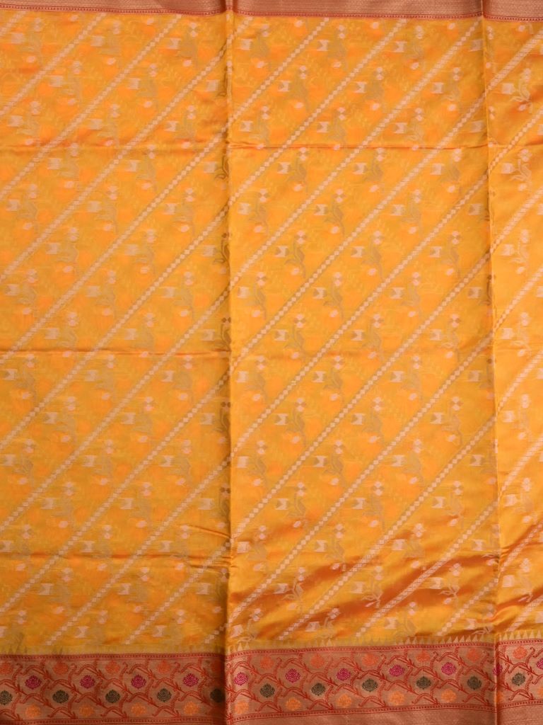 Chiniya silk fancy saree golden yellow color allover zari weaves & zari border with rich pallu and contrast attached blouse