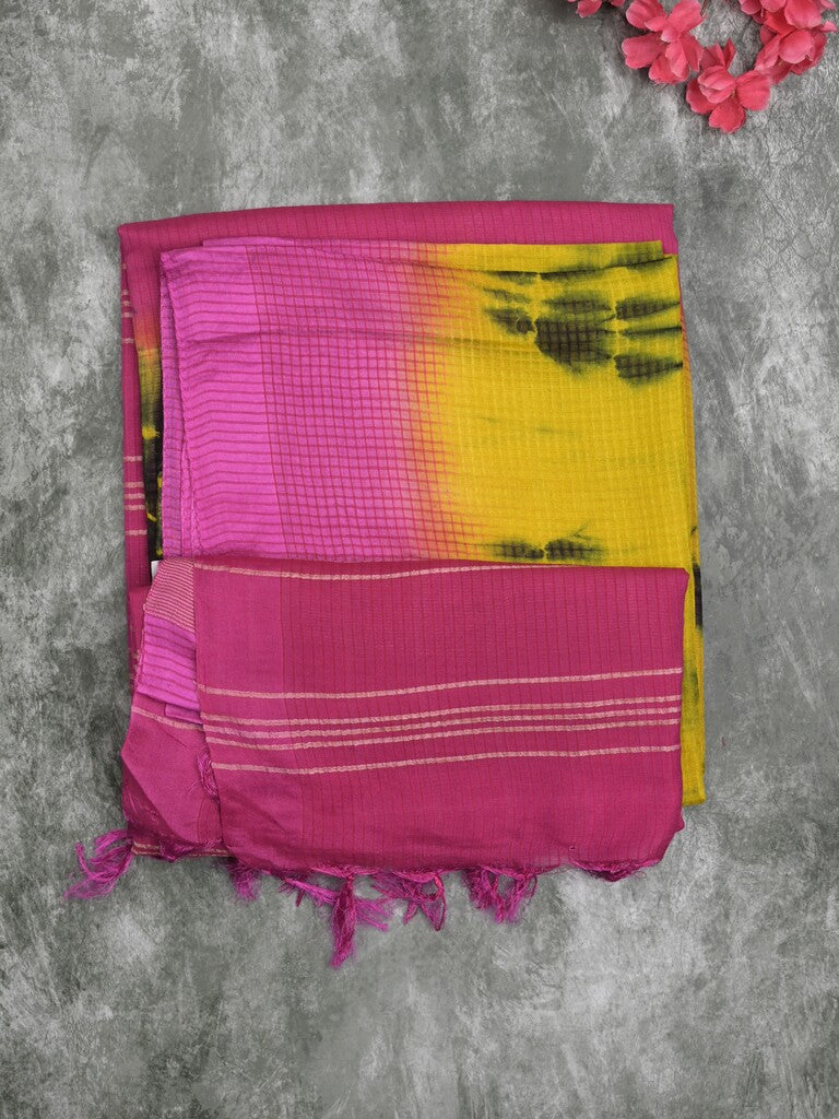 Bhagalpur fancy saree lemon yellow color allover shibori prints & small kaddi border with contrast pallu and attached plain blouse