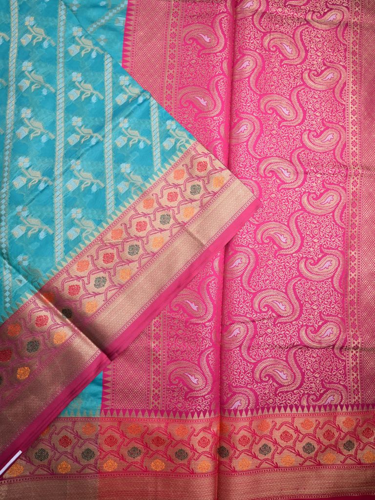 Chiniya silk fancy saree sky blue color allover zari weaves & zari border with rich pallu and contrast attached blouse