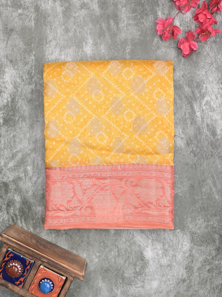 Maheshwari fancy saree golden yellow color allover zari motifs & zari border with brocade pallu and attached plain blouse
