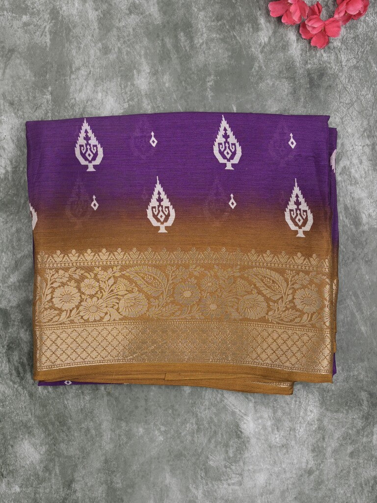 Chiffon fancy saree violet color allover digital prints & zari border with printed pallu and printed blouse