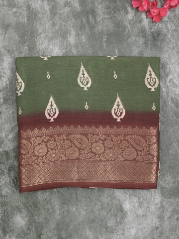 Chiffon fancy saree light olive green color allover digital prints & zari border with printed pallu and printed blouse