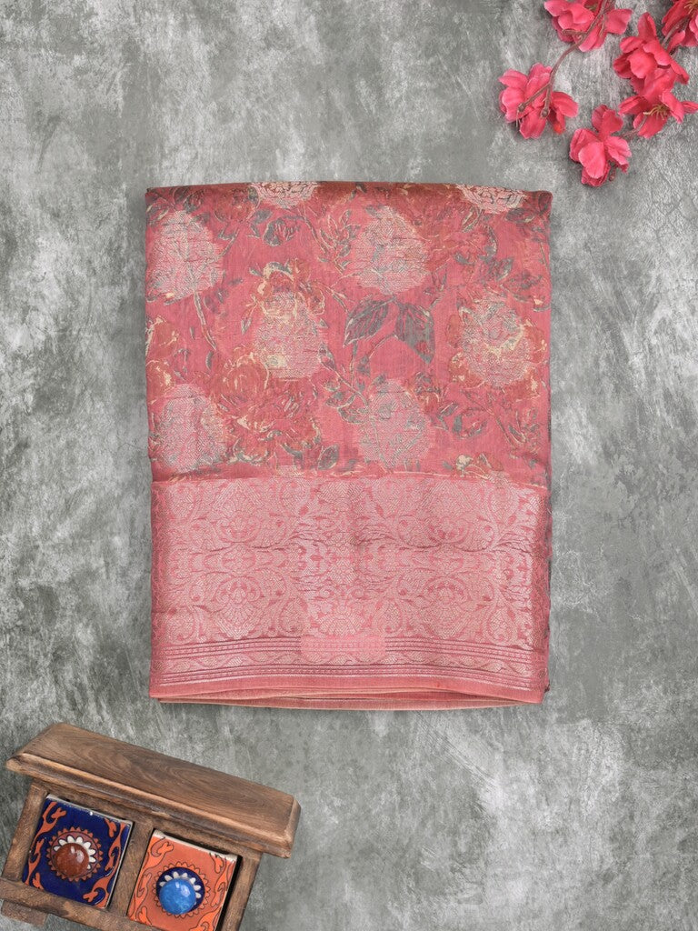 Maheshwari fancy saree onion pink color allover zari motifs & zari border with brocade pallu and attached plain blouse