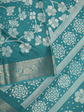 Dola silk fancy saree peacock blue color allover digital prints & zari border with printed pallu and printed blouse