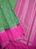 Banaras fancy saree leaf green color allover zari motifs & kaddi border with conrast brocade pallu and brocade blouse