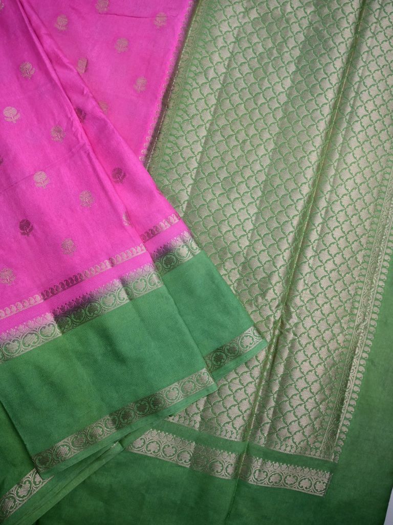 Banaras fancy saree pink color allover zari motifs & kaddi border with conrast brocade pallu and brocade blouse