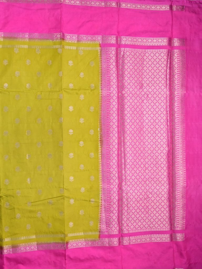 Banaras fancy saree golden yellow color allover zari motifs & kaddi border with conrast brocade pallu and brocade blouse